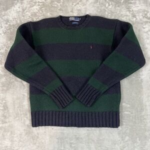 Vintage Polo Ralph Lauren Sweater Mens Medium Green Navy Stripe Wool 90s 2LBs